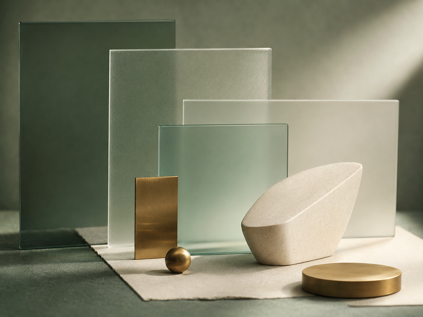 Refined arrangement of industrial materials in green, stone and brass